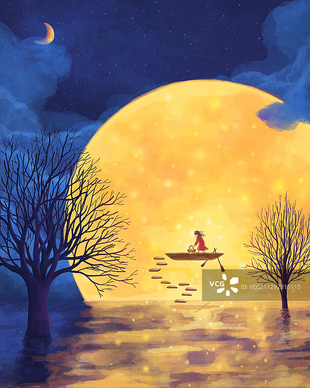 夜晚月亮女孩唯美梦幻插画5图片素材
