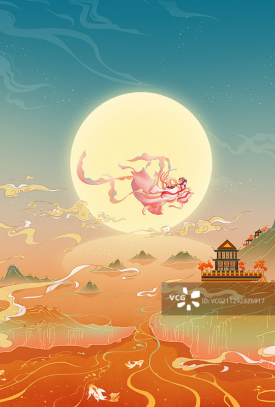 中秋节嫦娥奔月中国风插画国潮图片素材