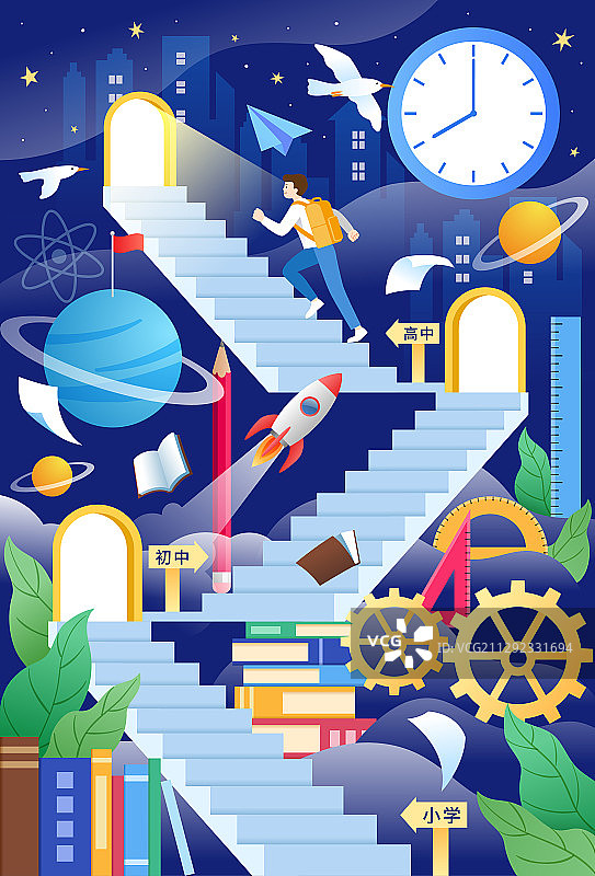 一个爬楼梯的学生和三道门及学习用品等图片素材