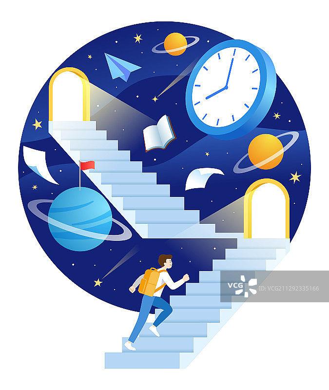 一个背着书包的男生爬楼梯和星空背景图片素材