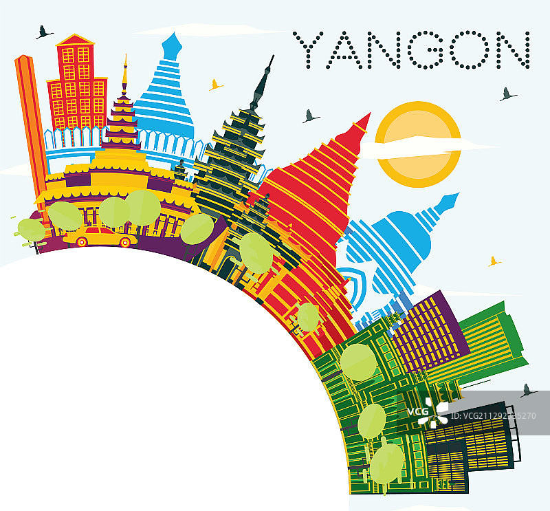 缅甸仰光城市天际线彩色建筑图片素材