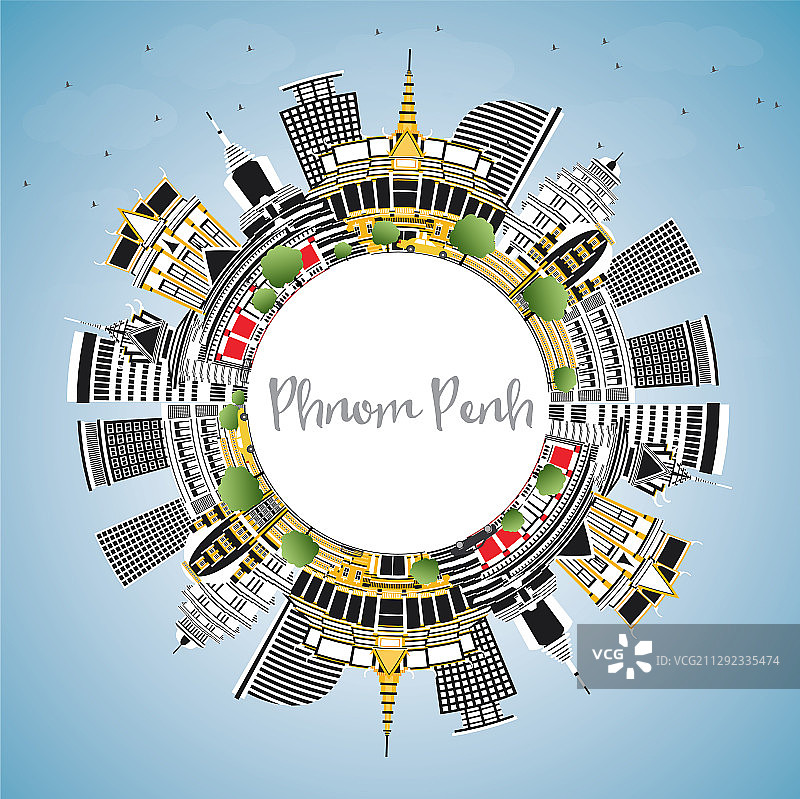 彩色金边柬埔寨金边城市天际线图片素材