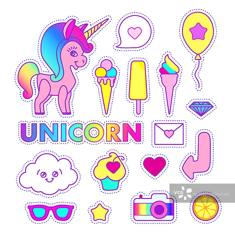 可爱儿童独角兽贴纸套装图片素材