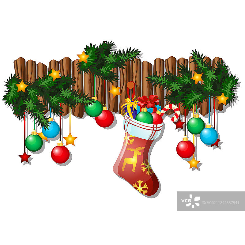 圣诞墙面装饰与悬挂的装饰球和冷杉树枝图片素材