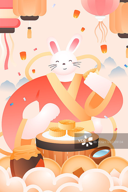 卡通中秋节月饼团圆家人赏月吃饭聚会送礼电商中国风传统矢量插画图片素材