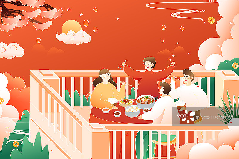 卡通中秋节月饼团圆家人赏月吃饭聚会送礼电商中国风传统矢量插画图片素材