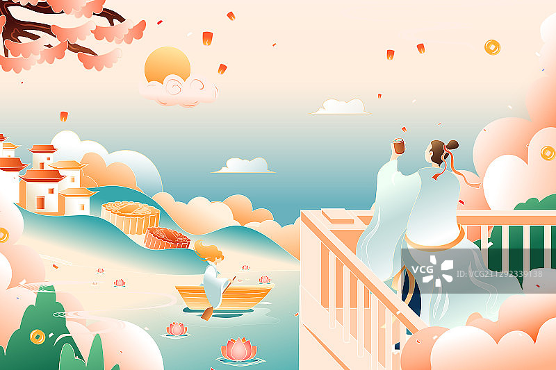 卡通中秋节月饼团圆家人赏月吃饭聚会送礼电商中国风传统矢量插画图片素材