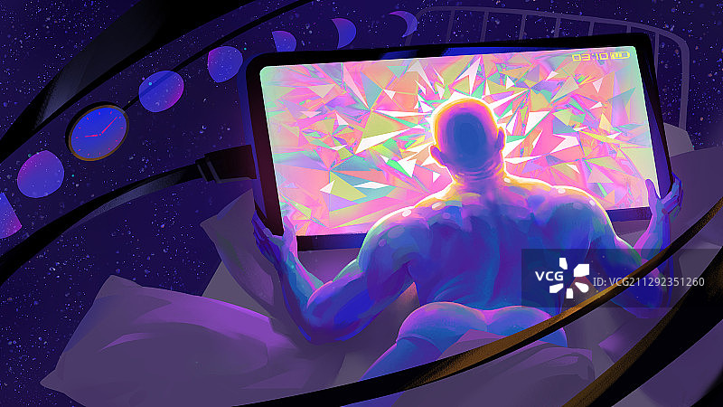 趴在床上抱着手机熬夜的插画图片素材