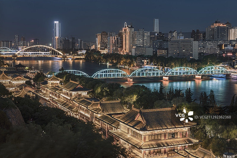 金城关和黄河中山铁桥夜景图片素材