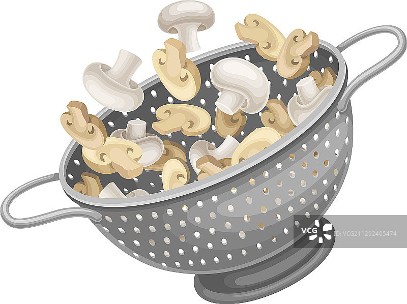 带蘑菇的金属厨房滤盆或过滤器图片素材