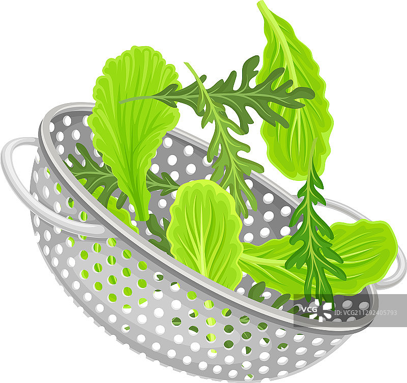 金属厨房滤锅与绿植图片素材