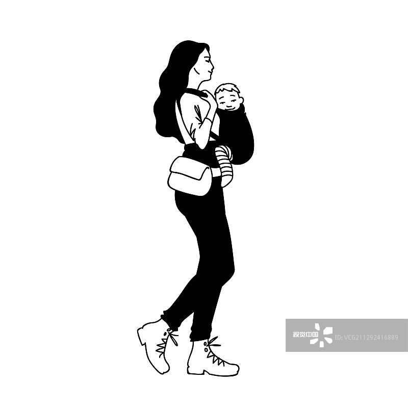 快乐的孩子坐在符合人体工程学的背带上图片素材