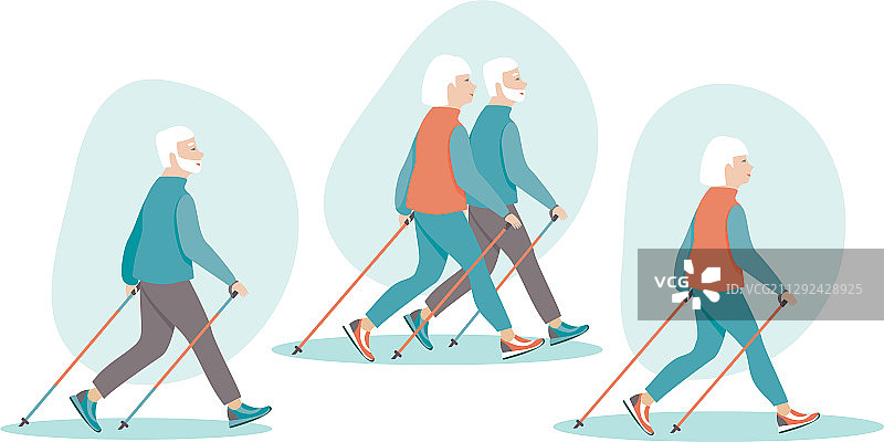 年长的夫妇进行北欧式健走图片素材