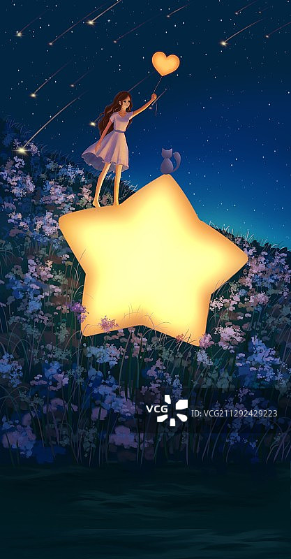 花丛中的女孩和星星图片素材