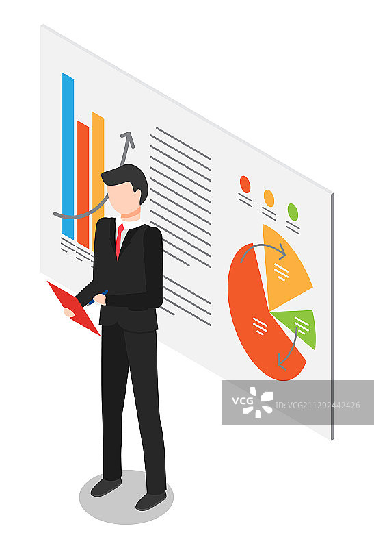 在黑板上展示图表报告的工人图片素材