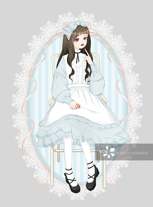 穿着洛丽塔裙装的少女坐在椅子上 卡通风格手绘图片素材