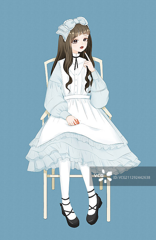 穿着洛丽塔裙装的少女坐在椅子上 卡通风格手绘图片素材