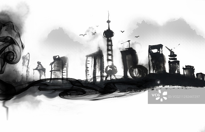 中国风手绘上海地标水墨建筑东方明珠插画图片素材