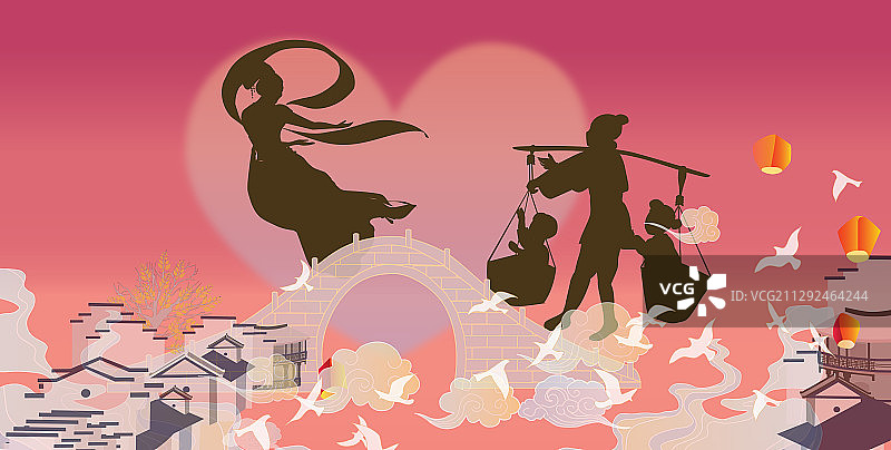 七夕牛郎织女剪影鹊桥儿女古建筑矢量图片素材