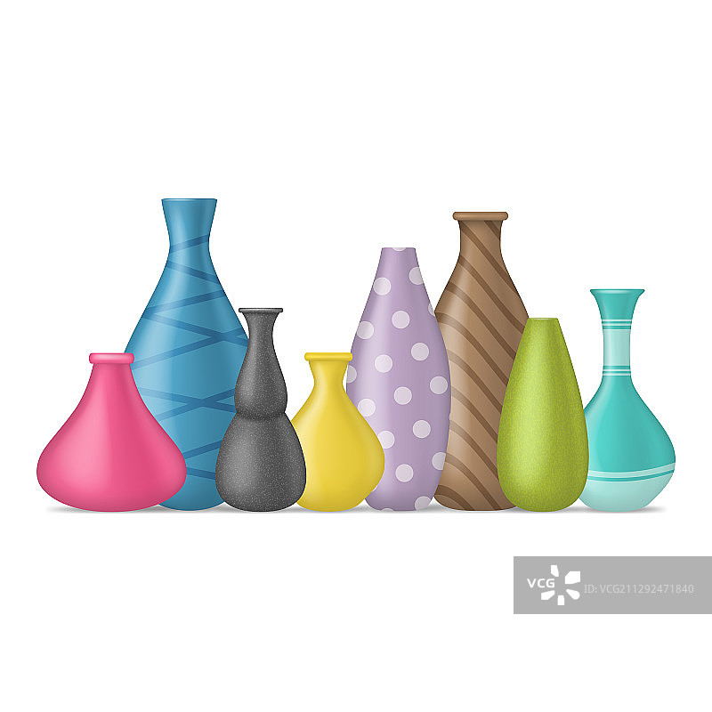 逼真3D精细陶瓷花瓶颜色排列套装图片素材
