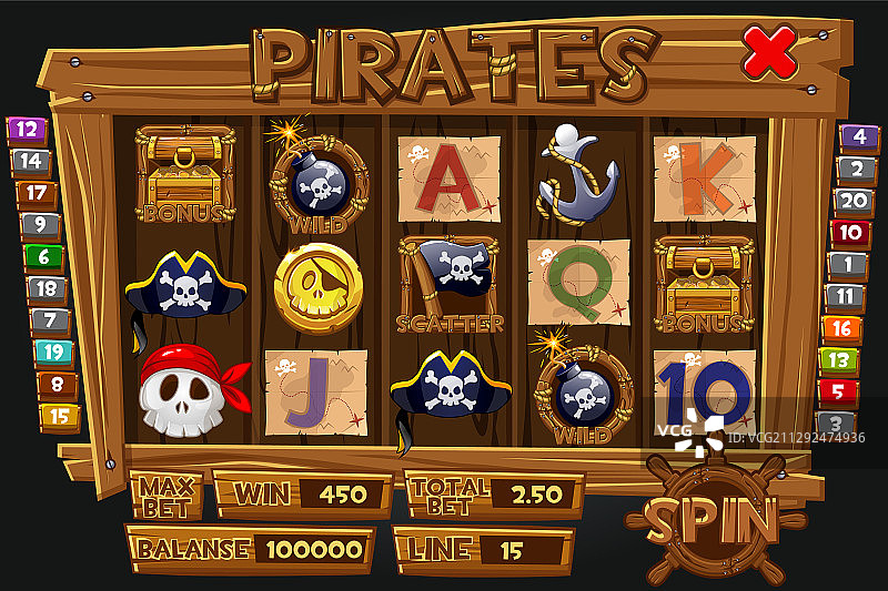 海盗主题老虎机图形界面和图标图片素材