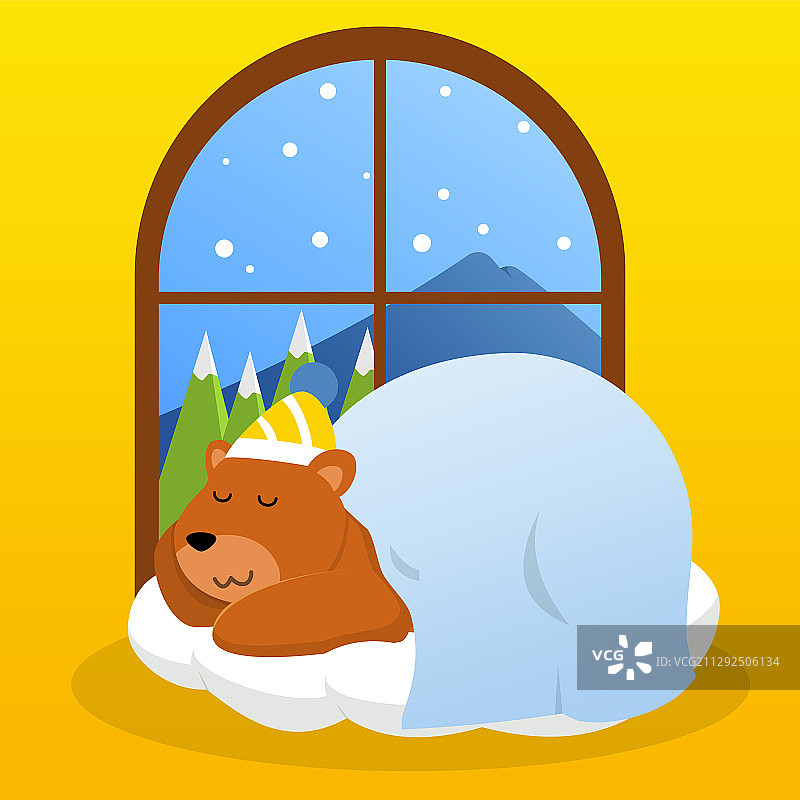 可爱熊冬季雪地冬眠扁平风图片素材