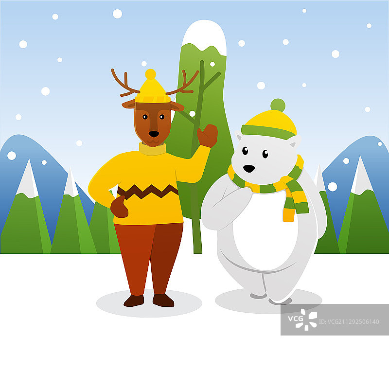 冬季雪地里小鹿与北极熊交谈图片素材