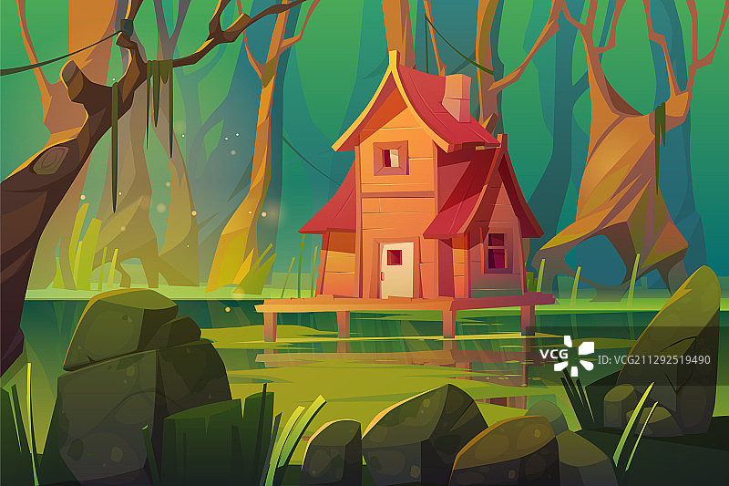 森林沼泽上方的木制神秘高跷屋图片素材