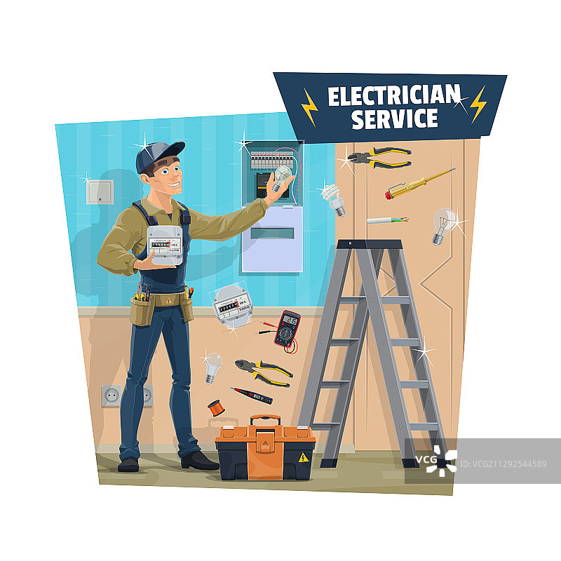 手持灯泡和工具的电工图片素材