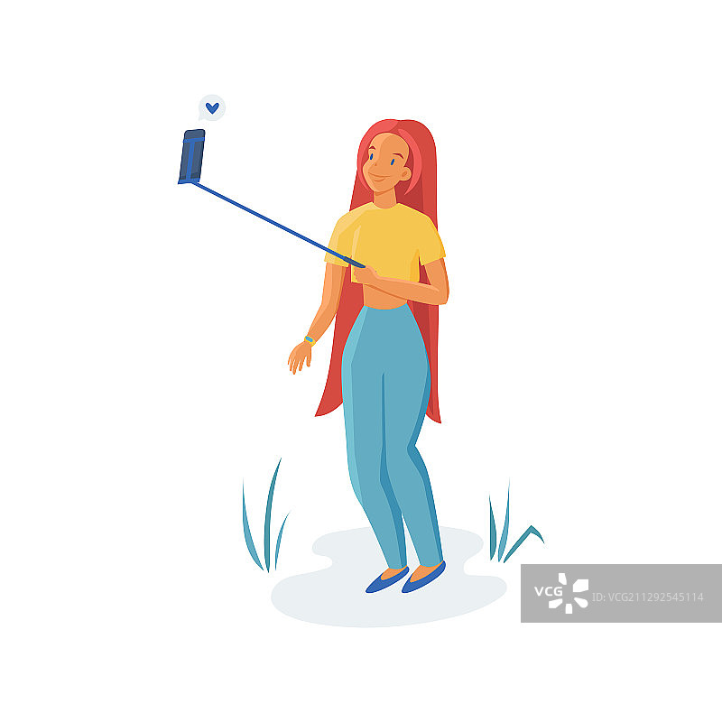 使用单脚架的姜黄色头发的青少年女孩图片素材