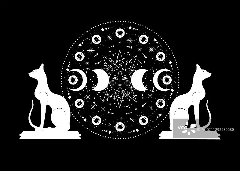 三重月亮和猫咪的异教威卡女神符号图片素材