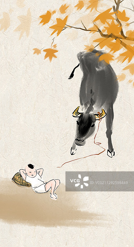 牛年水墨中国画秋季牧童的童年图片素材