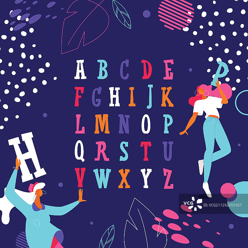 色彩鲜艳的英文字母与舞蹈女孩图片素材