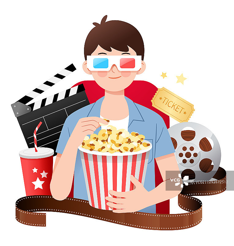 一个吃爆米花看电影的人和场记板胶片等图片素材