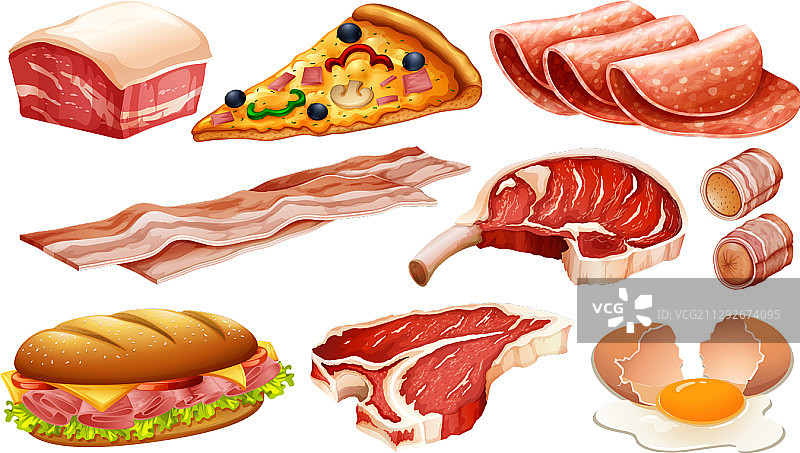 白色背景上的各种肉制品图片素材