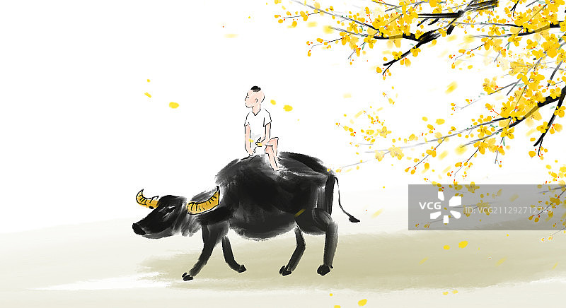 传统文化古典诗词古代诗人插图牛年小孩放牛图片素材