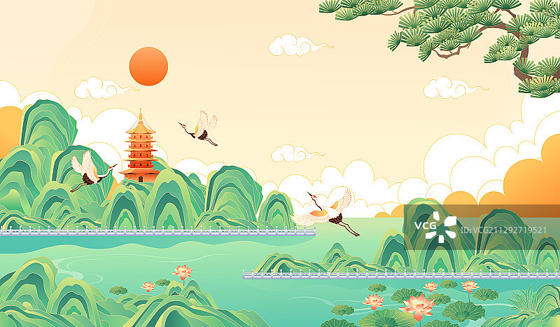 国潮风山水风景矢量插画图片素材