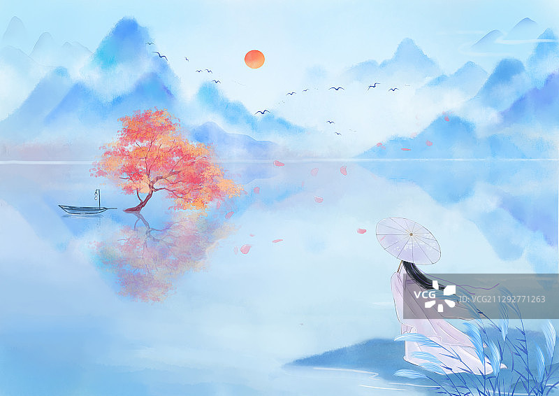 手绘中国风小清新水彩风格山水风景插画图片素材