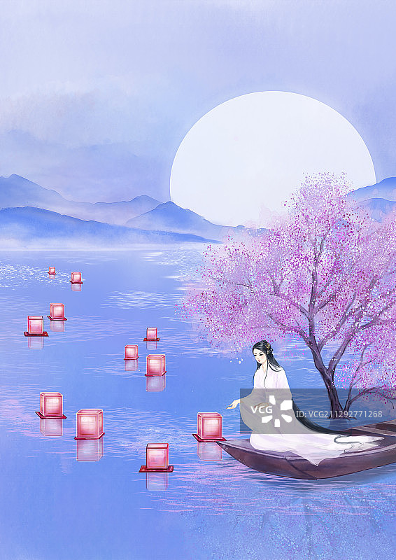 手绘中国风小清新水彩风格山水风景插画图片素材