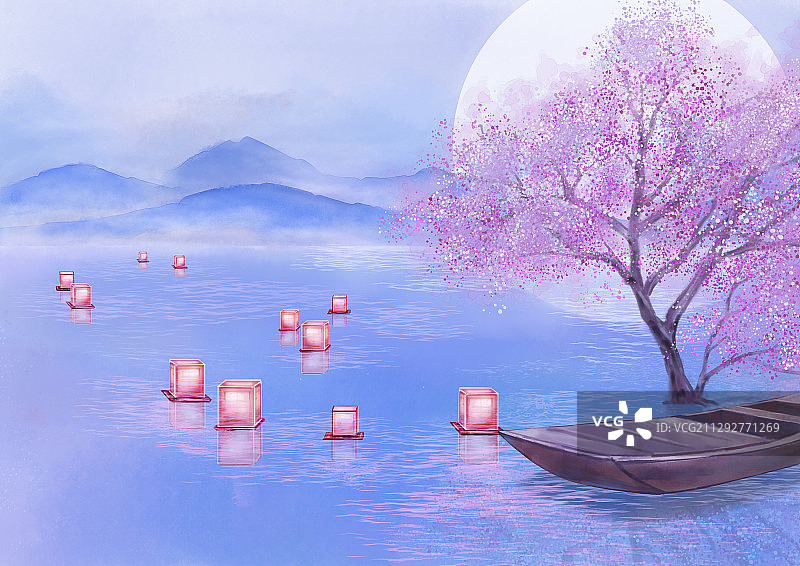 手绘中国风小清新水彩风格山水风景插画图片素材