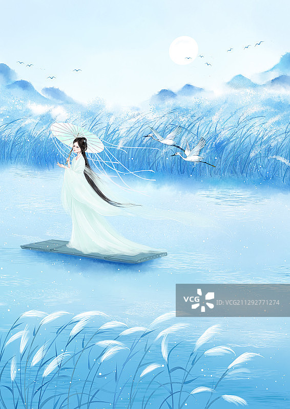 手绘中国风小清新水彩风格山水风景插画图片素材