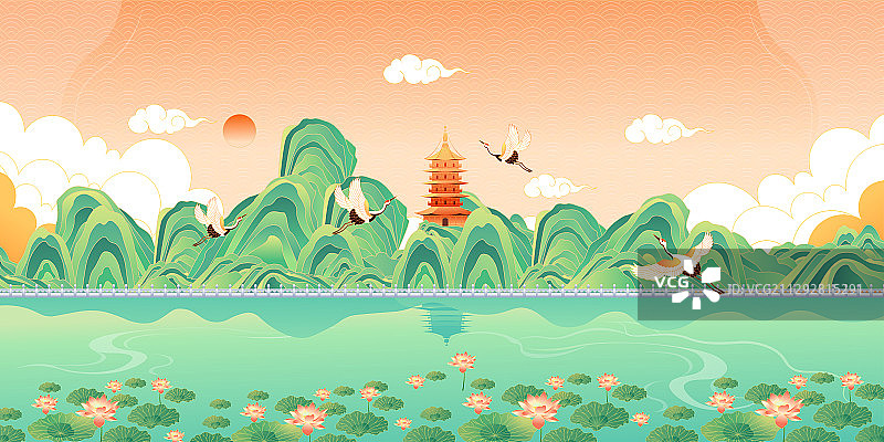 国潮风山水风景矢量插画图片素材