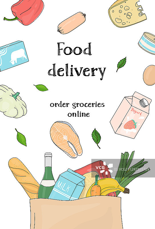 纸袋装杂货和农场蔬菜海报图片素材