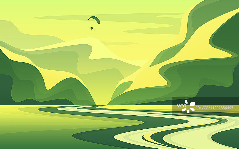 山地景观与静谧的河谷图片素材