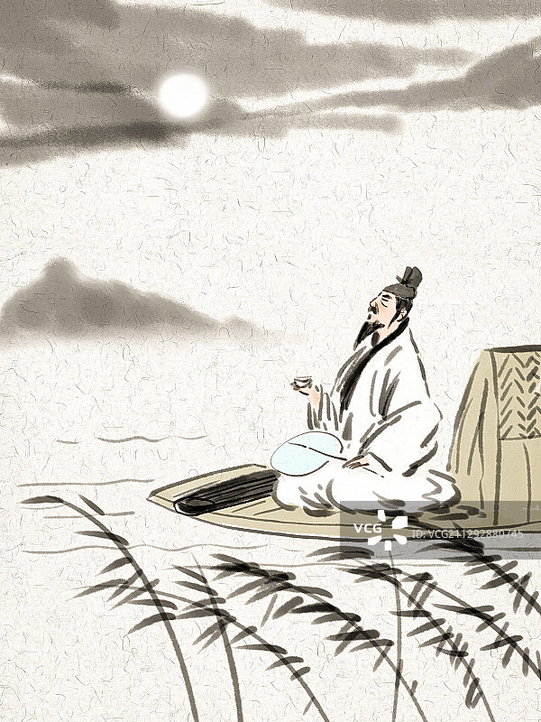 高士泛舟赏月高山流水古风水墨插画图片素材