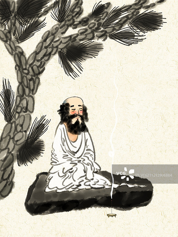达摩打坐水墨插画图片素材