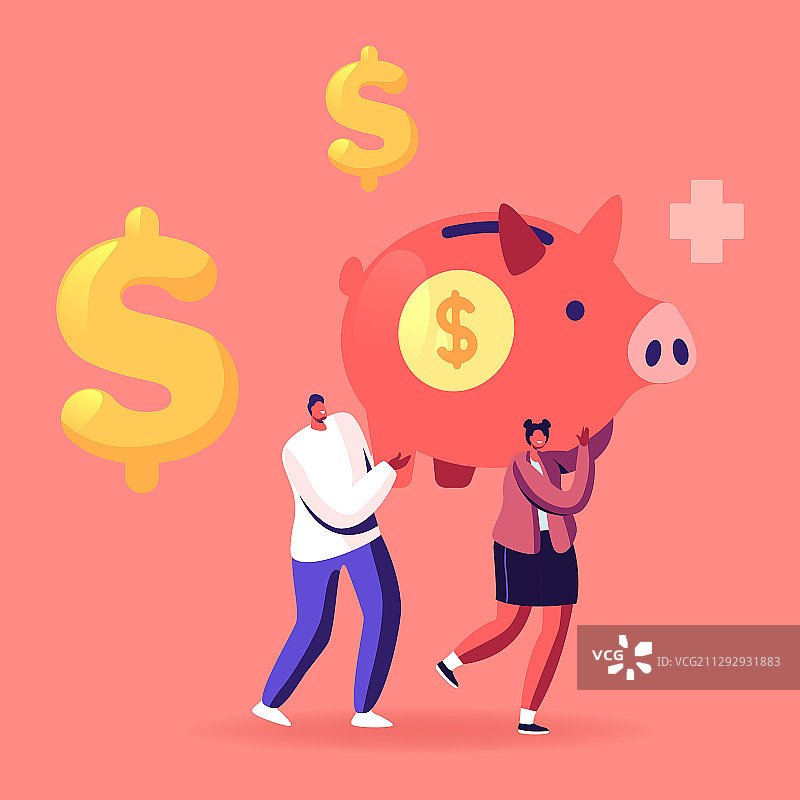 男女搬运巨型存钱罐图片素材