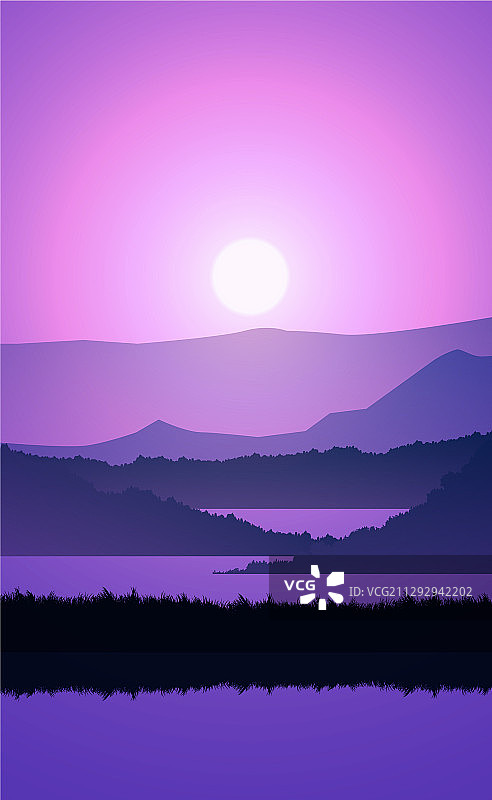 山脉湖泊河流景观剪影树图片素材