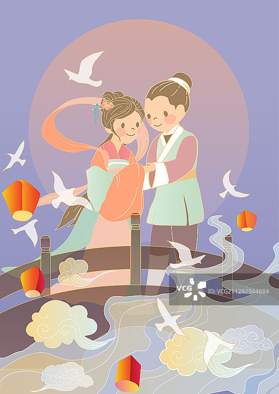 七夕牛郎织女Q版鹊桥孔明灯古建筑竖版无字图片素材
