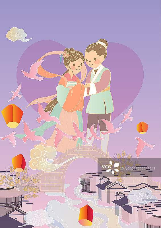 七夕牛郎织女Q版鹊桥古建筑竖版无字图片素材